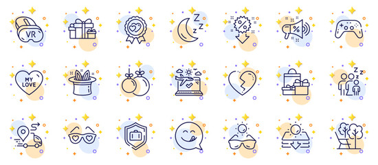 Outline set of Christmas ball, Vr and Discount line icons for web app. Include Deckchair, Yummy smile, Holiday presents pictogram icons. Hat-trick, Sunglasses, Sale megaphone signs. Vector