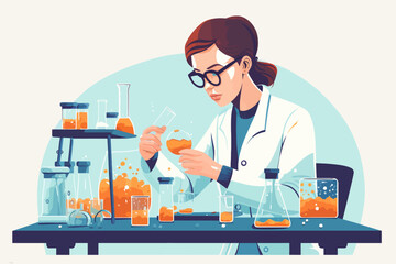 Scientist woman in lab coat and glasses making experiment in chemical laboratory. Vector illustration