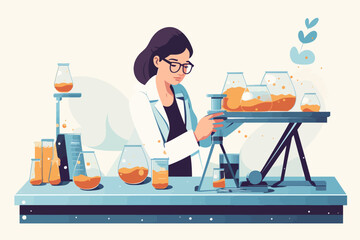 Scientist woman in lab coat and glasses making experiment in chemical laboratory. Vector illustration