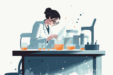 Scientist woman in lab coat and glasses making experiment in chemical laboratory. Vector illustration