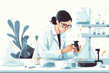 Scientist woman in lab coat and glasses making experiment in chemical laboratory. Vector illustration