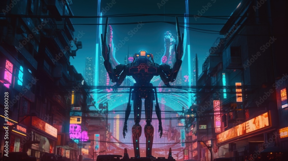 Poster a giant robot standing in the middle of a city. ai generative image. generative ai