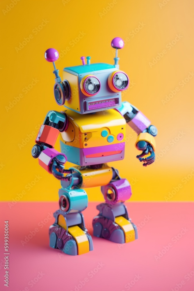 Poster a toy robot is standing on a pink surface. ai generative image. generative ai
