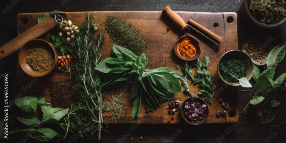 Poster a cutting board topped with lots of different types of herbs. ai generative image. generative ai