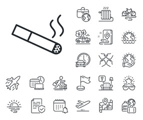 Cigarette sign. Plane jet, travel map and baggage claim outline icons. Smoking area line icon. Smokers zone symbol. Smoking line sign. Car rental, taxi transport icon. Place location. Vector