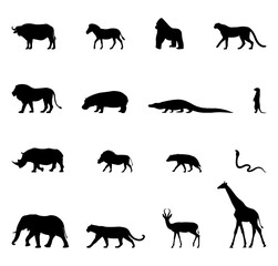 African animals silhouettes. Set of animals in flat style. Mammals and reptiles. Vector illustration