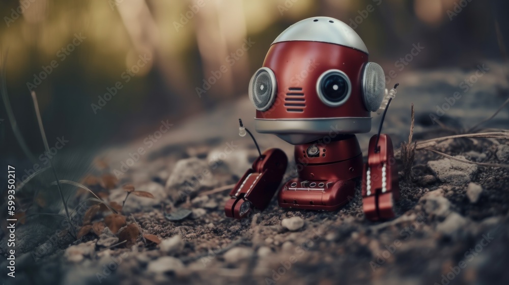 Poster a toy robot sitting on top of a pile of dirt. ai generative image. generative ai
