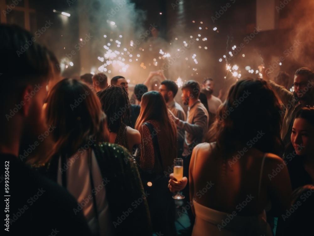 Poster a group of people standing around a party with sparklers. ai generative image. generative ai