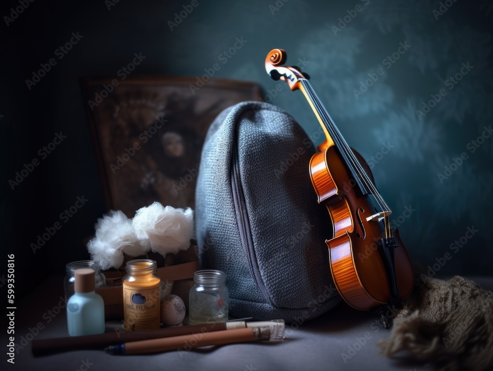 Poster a violin sits on a table next to a candle. ai generative image. generative ai