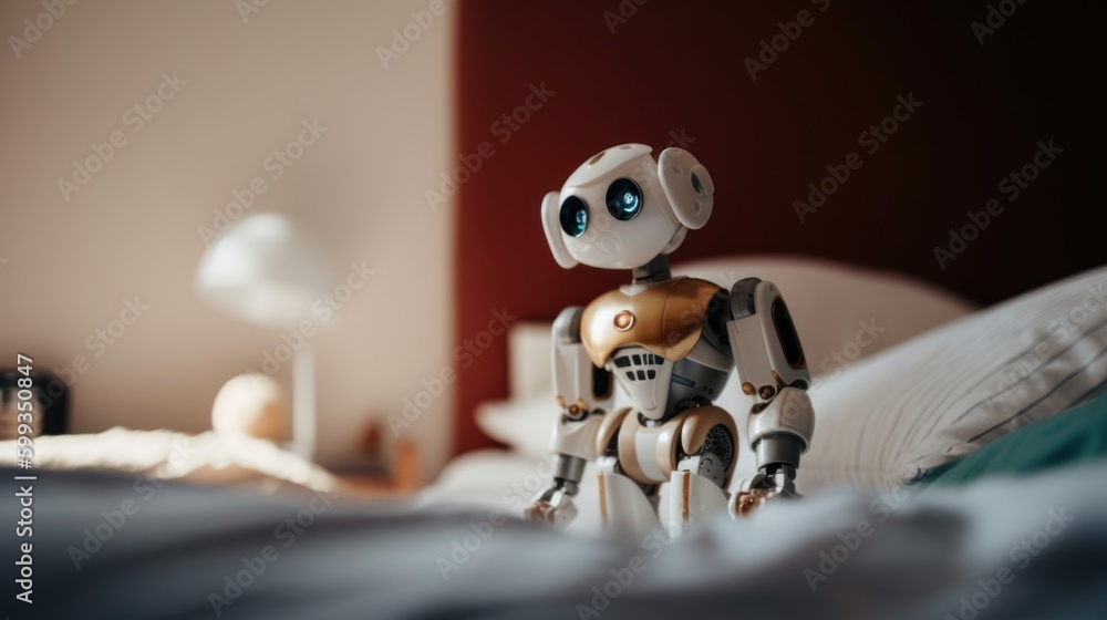 Poster a toy robot sitting on top of a bed. ai generative image. generative ai