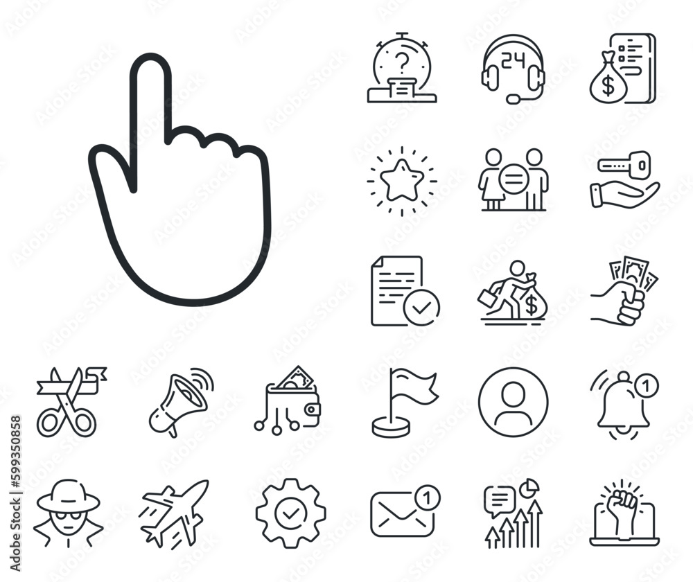 Poster finger touch sign. salaryman, gender equality and alert bell outline icons. hand click line icon. cu
