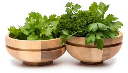 Fresh herbs in a wooden bowl: coriander, parsley, cilantro, and basil.