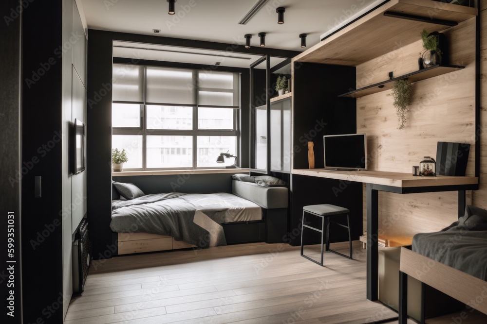 Poster a bedroom with a bed and a desk in it. ai generative image. generative ai