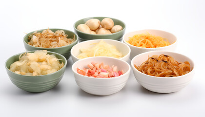 Aromatic seasoning essentials fried onions, garlic, fried garlic, pickled garlic, ginger, pickled ginger, monosodium glutamate, onion, and spring onion.