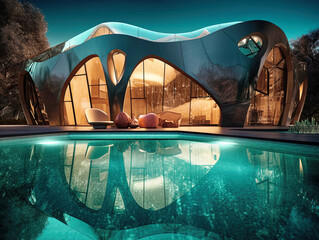 Luxurious Modern Architecture House with Organic Forms Reflected in Pool - generative AI