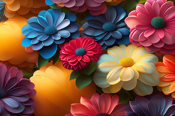 Colorful paper flowers with a yellow ball in the background. Generative Ai