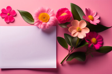 A pink paper with a white card next to it and a bouquet of flowers on a pink background. Generative Ai