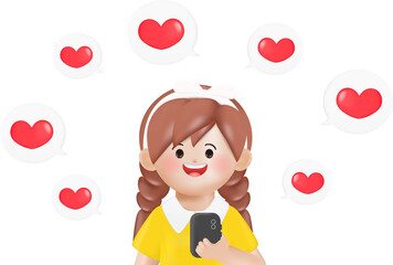 Cartoon woman smile and hold smartphone with like notifications flying around over pink background. 3d vector rendering.