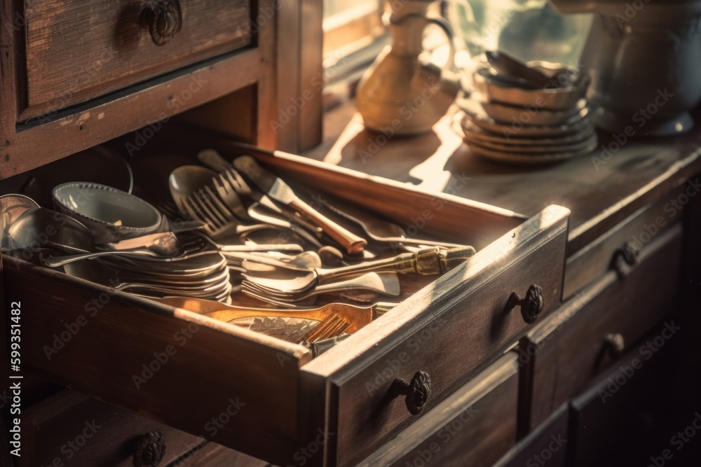 Poster a drawer filled with lots of silverware. ai generative image. generative ai