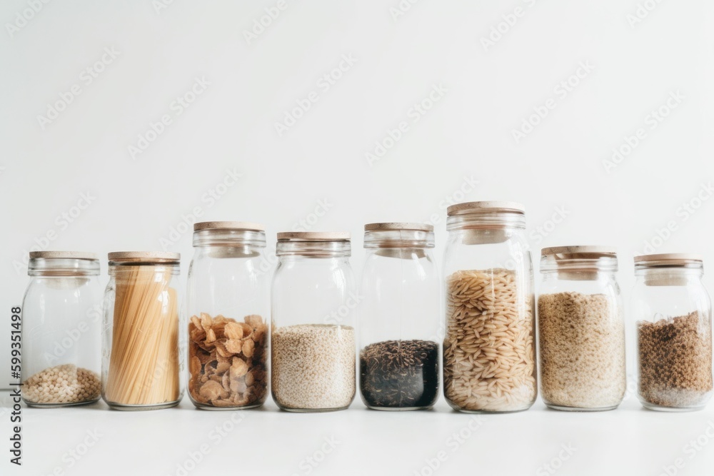 Poster a row of glass jars filled with different types of food. ai generative image. generative ai