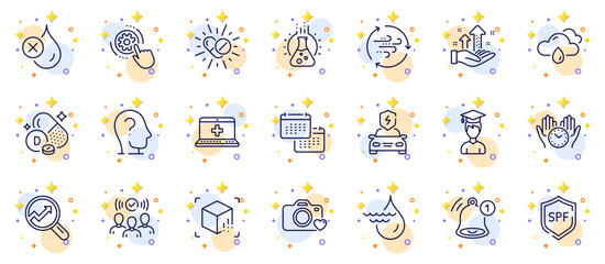Outline set of Student, Chemistry lab and Medical drugs line icons for web app. Include Medical help, Reminder, No waterproof pictogram icons. Rainy weather, Analysis graph. Vector