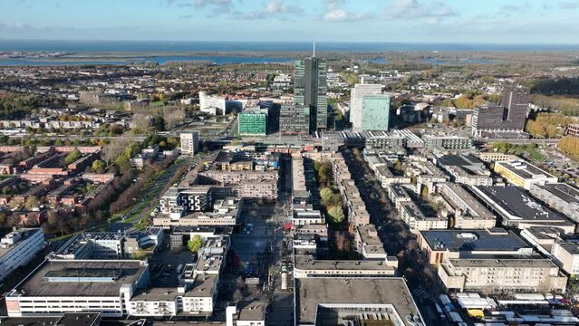 Flying over the city of Almere in Flevoland, The Netherlands.