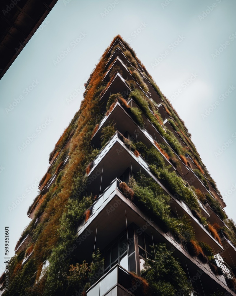 Poster a tall building with lots of plants growing on it. ai generative image. generative ai