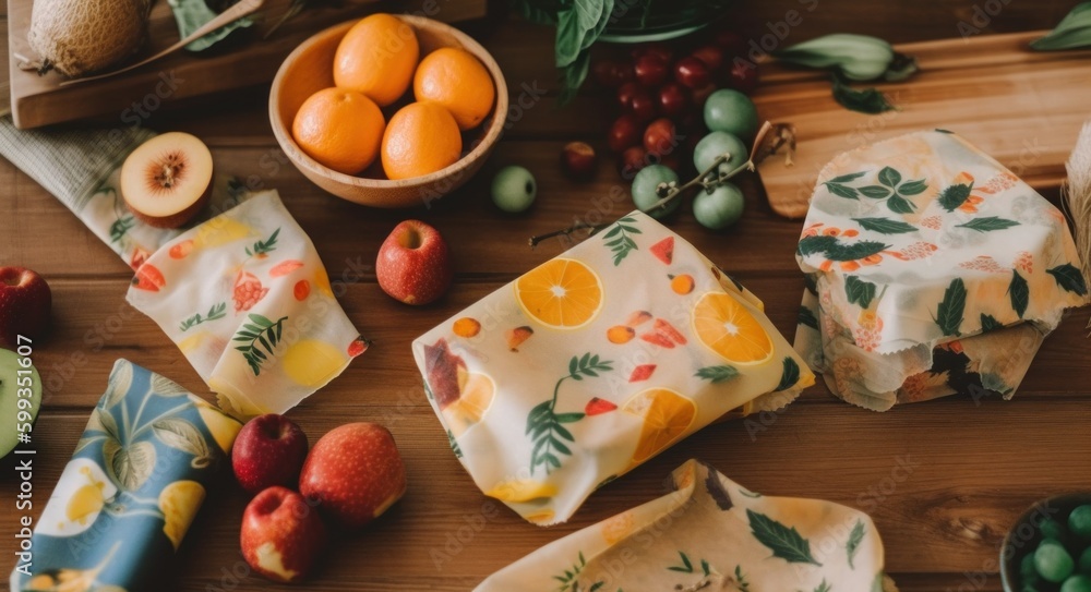 Aufkleber usecase of multiuse beeswax food wraps, a wooden table topped with fruit and vegetables. ai generati