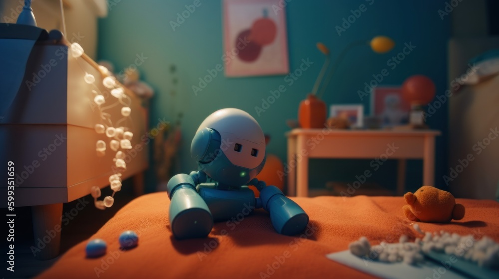 Aufkleber a toy robot sitting on a bed in a room. ai generative image. generative ai