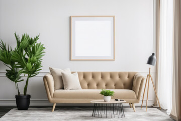 Fototapeta na wymiar Scandinavian Living Room Elegance with Blank Poster Frame and Lush Greenery