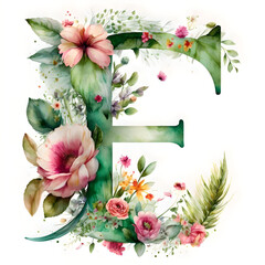 A watercolor letter "E" featuring intricate floral designs and delicate brushstrokes, capturing the essence of a flourishing garden in full bloom.