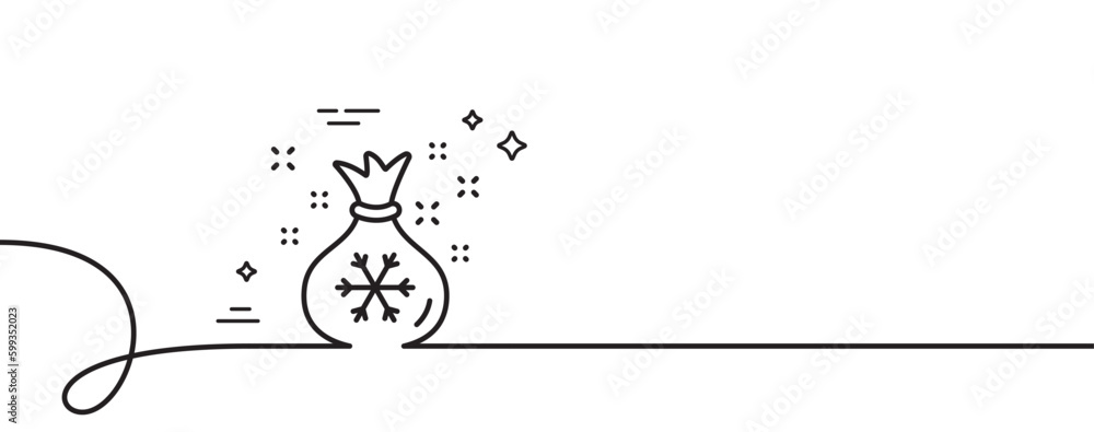 Poster santa sack line icon. continuous one line with curl. christmas or new year sign. bag with gifts and 