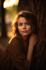 Fototapeta premium A ki-generated, fictional, non-existing, young brown-haired woman in sunlight leaning against a tree 