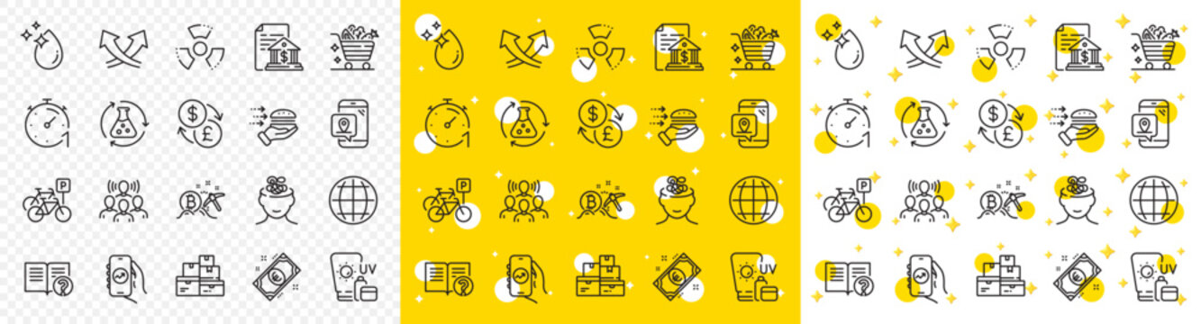 Outline Chemical hazard, Pin marker and Food delivery line icons pack for web with Sunscreen, Bitcoin mining, Water drop line icon. Bicycle parking, Vegetables cart, Team work pictogram icon. Vector