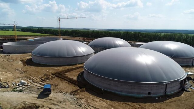 Alternative Energy with Bio Technology. Production of biogas. Biogas plant. Aerial view.