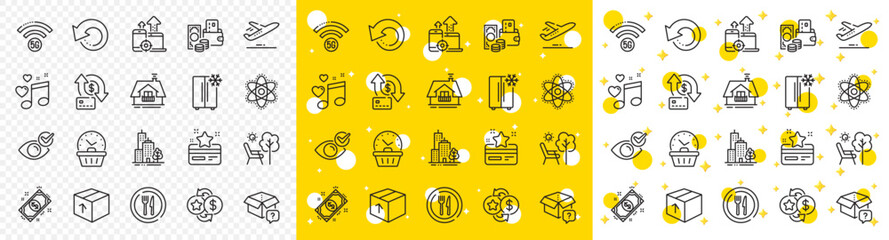 Outline Change money, Food and Payment line icons pack for web with Plane, Chemistry atom, Refrigerator line icon. Loyalty card, Last minute, Seo devices pictogram icon. Loyalty points. Vector