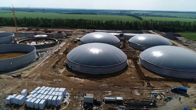 Alternative Energy with Bio Technology. Production of biogas. Biogas plant. Aerial view.