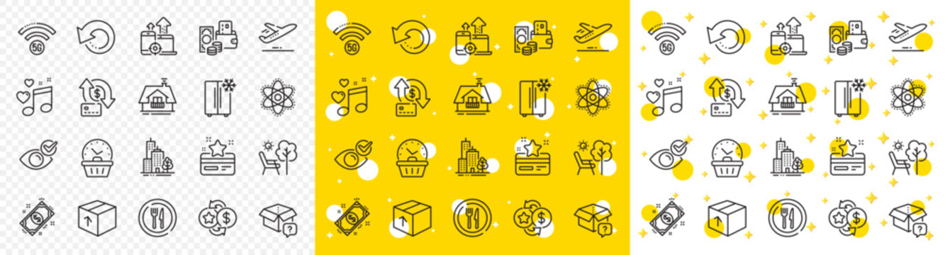 Outline Change money, Food and Payment line icons pack for web with Plane, Chemistry atom, Refrigerator line icon. Loyalty card, Last minute, Seo devices pictogram icon. Loyalty points. Vector