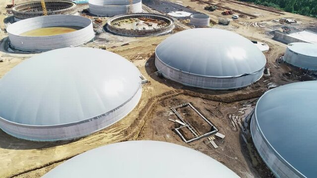 Alternative Energy with Bio Technology. Production of biogas. Biogas plant. Aerial view.