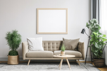 Scandinavian Living Room with Blank Poster Frame Mockup, Beige Sofa, and Green Plants