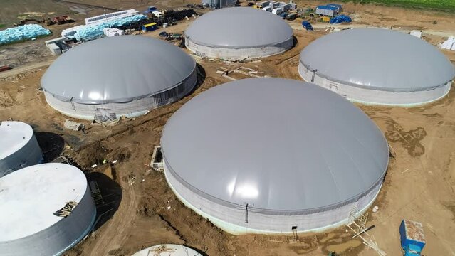 Alternative Energy with Bio Technology. Production of biogas. Biogas plant. Aerial view.