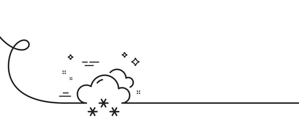 Snow weather forecast line icon. Continuous one line with curl. Clouds with snowflake sign. Cloudy sky symbol. Snow weather single outline ribbon. Loop curve pattern. Vector
