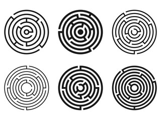 Set of simple black round labyrinths isolated on white background. Illustration on transparent background - obrazy, fototapety, plakaty