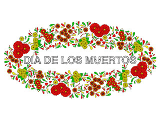 Text Dia De Los Muertos decorated with flowers. Mexican Day of The Dead. Illustration on transparent background