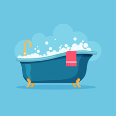 Bath full of foam with bubbles and pink towel. Relax bathroom. Vector illustration in trendy flat style isolated on blue background.