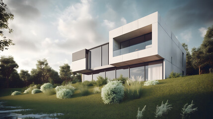 This stunning stock photo captures the essence of modern architecture with a minimalist house design nestled in a lush green landscape, featuring a sleek facade with large windows and clean lines.