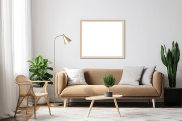 Scandinavian Living Room Elegance with Blank Poster Frame and Lush Greenery