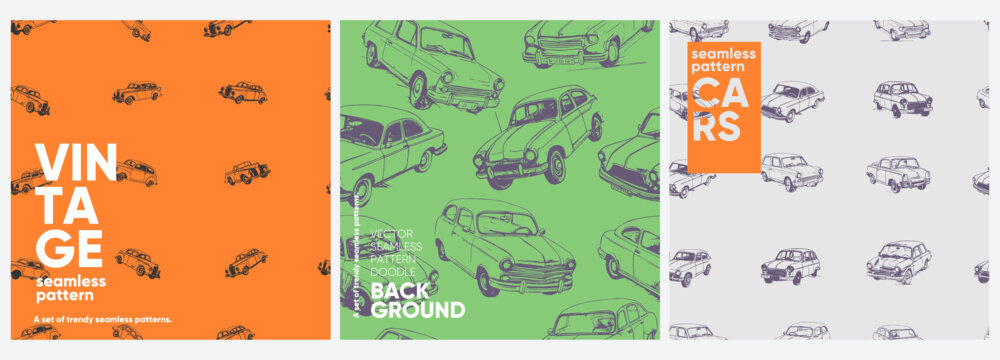 Retro cars pattern. A set of vector seamless patterns. Trending illustrations for t-shirt prints, posters, labels, music covers.