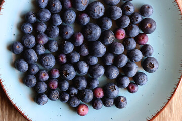 Turquoise plate with fresh blueberries on wooden background. Top view.