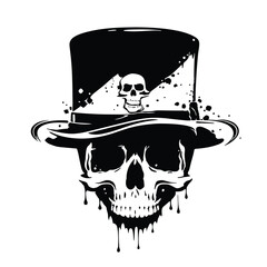 Human skull with blood drops. Vector illustration isolated on white. Brutal terrible skull in a black top hat.